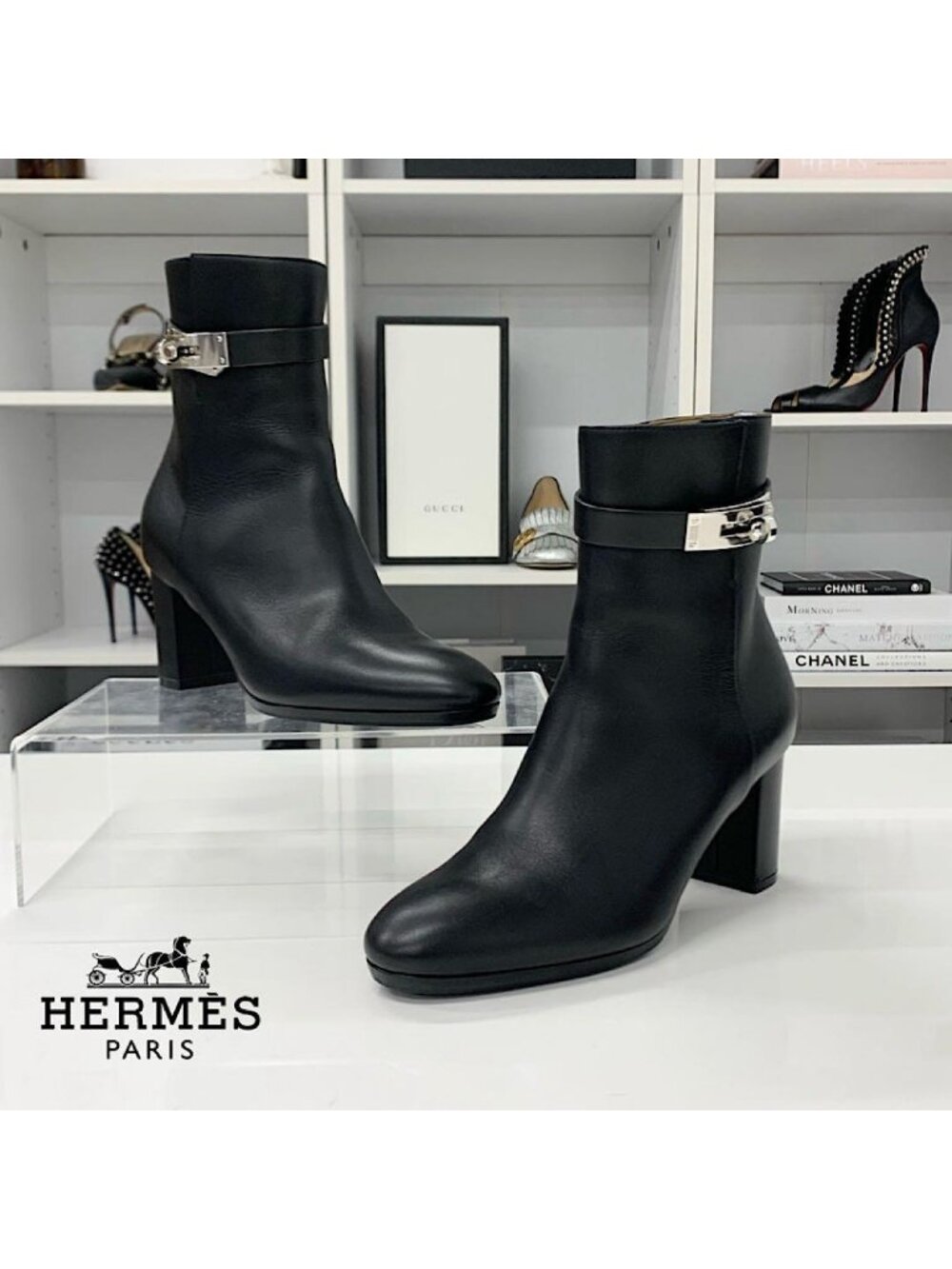 Hermes Saint Germain Kelly Leather Short Boots Black